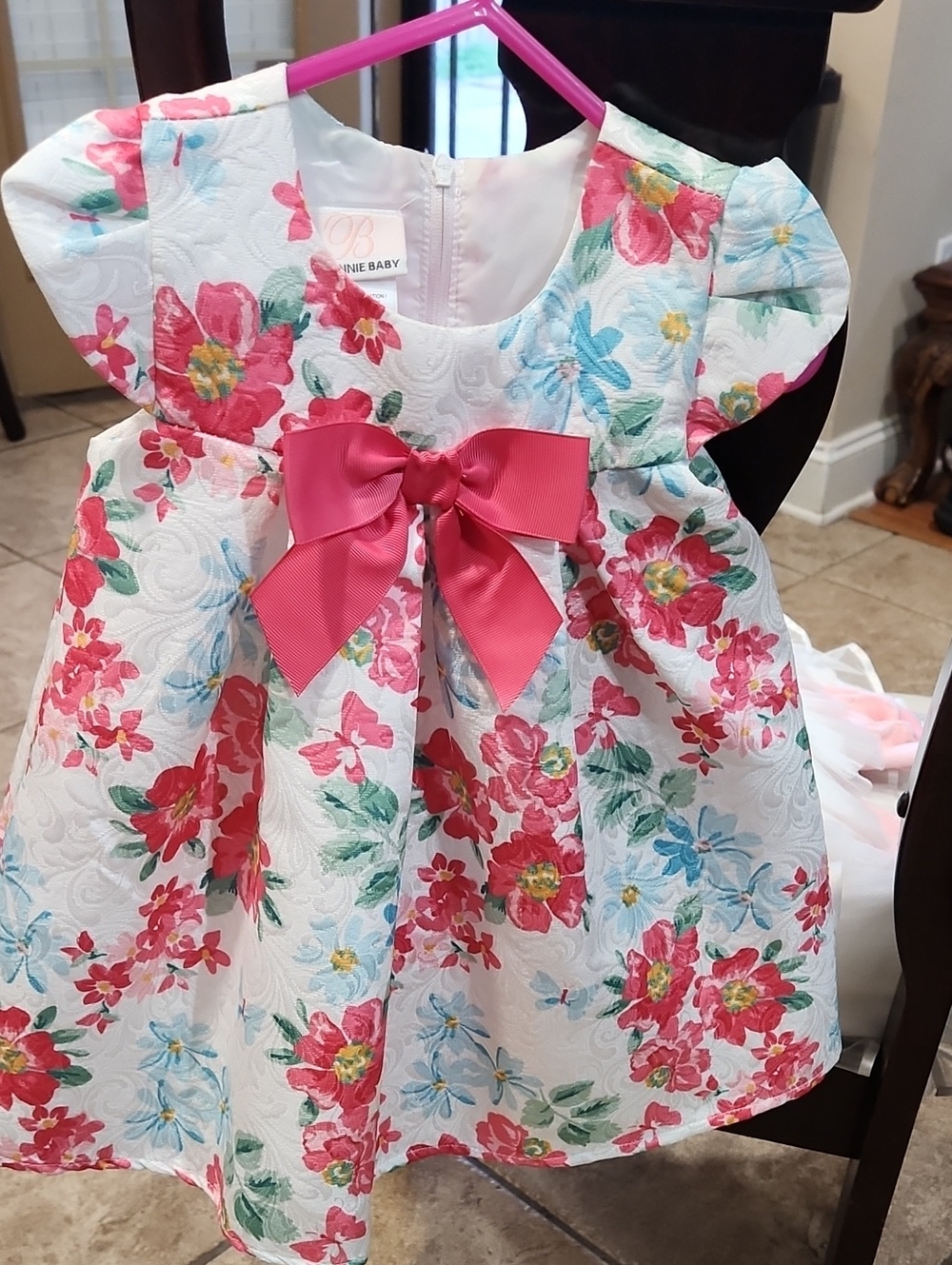 Bonnie Baby White Floral Party Dress with Pink Bow
